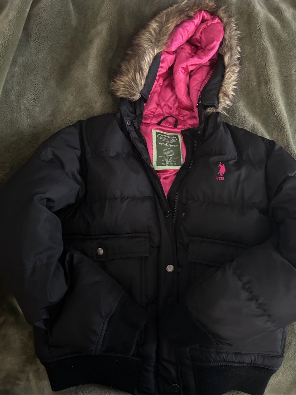 U.S. Polo Assn. Black Puffer Jacket with Pink Lining and Faux-Fur Trim